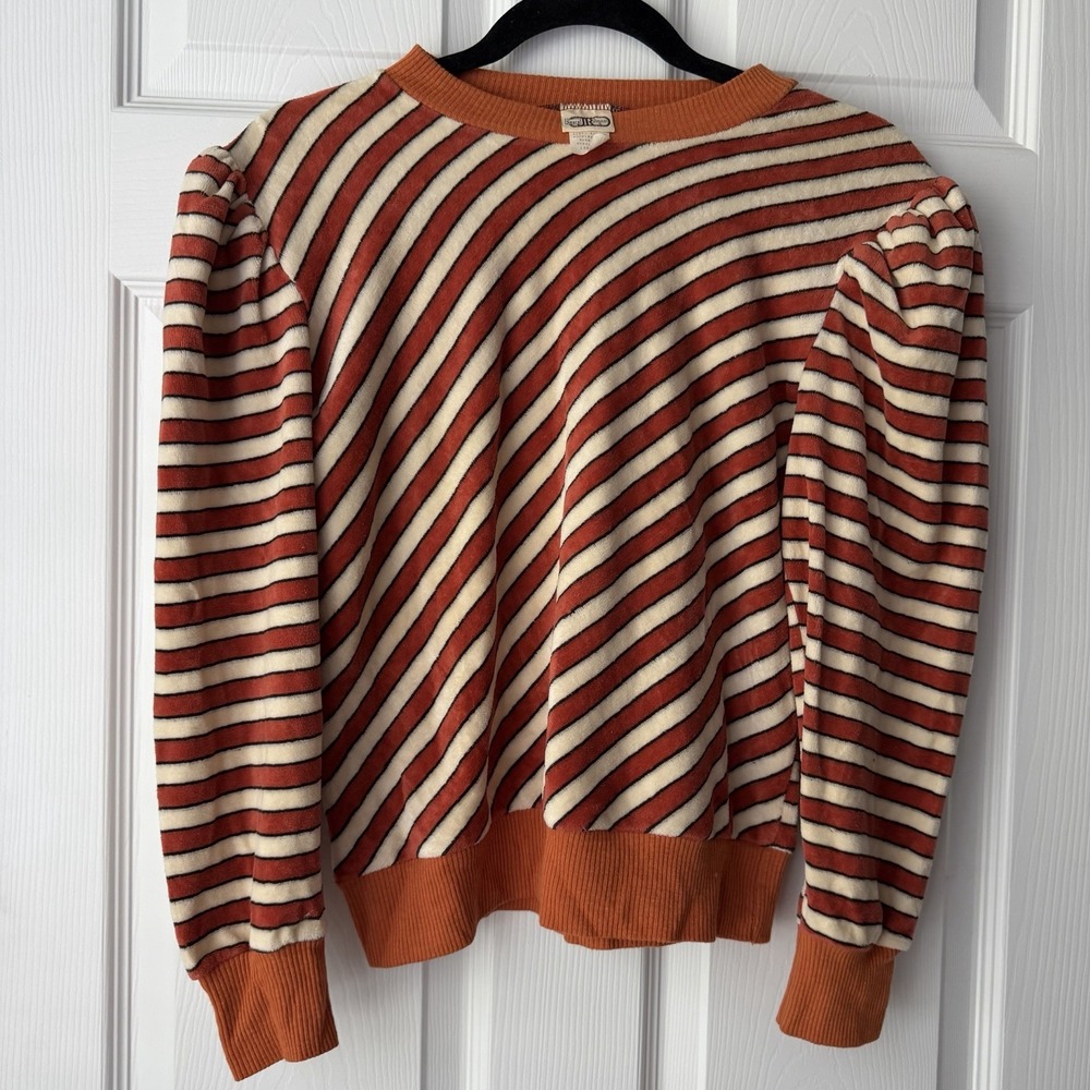 Vintage Sears JR Bazaar Junior's Large Velour Striped Puff Sleeve Sweatshirt 70s